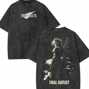 Final Fantasy VII Vintage Washed Tee Unisex Heavyweight Cotton T-shirt for Game Fans, Graphic Tees shirts men Fabric Menswear Tshirt unisex cotton streetwear Tops Black KP2 7ND