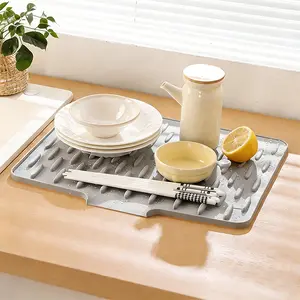 Extra Large Silicone Dish Drying Mat 23"x16", Food Grade Aesthetic Placemat for Kitchen Counter, Heat Resistant Table Mat, Waterproof Non-Slip Pad for Spring Cleaning & Easter Feast, Light Grey