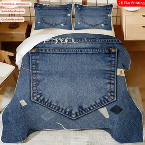3 pcs, 2D flat print Denim Patchwork bed cover set, Jeans-inspired theme, multiple sizes available, bedding set, festive decorative bedding, ideal for bedroom decor(1 bedspread , 2 pillowcases)