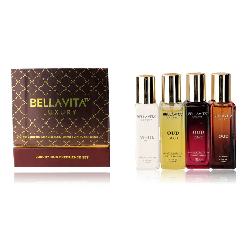 Bellavita Unisex 4-Piece Luxury Multi-Pack Gift Set - 0.68 fl oz Oriental EDP Liquid Fragrance, 4 Scents Oud Variants Personal Care Collection