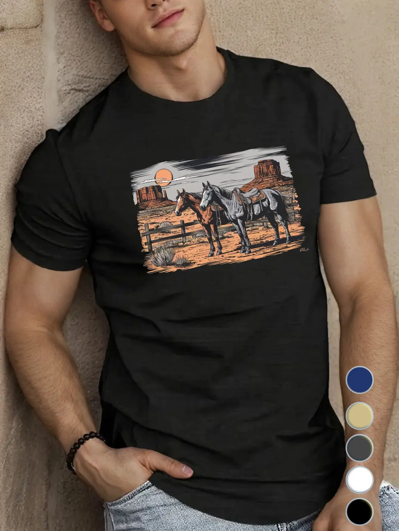 [Western Horses Tee] Summer Western Horses T-Shirt -  Polyester Crew Neck, Slight Stretch Knit Fabric, Regular Fit - 150gsm