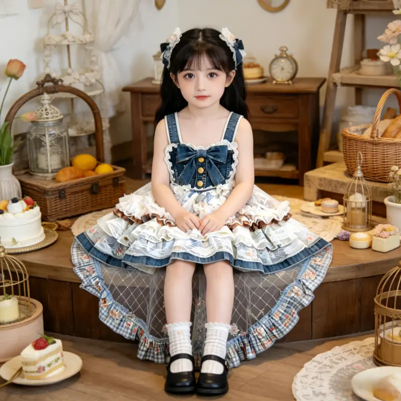 Girls’ faux denim patchwork lace mesh spaghetti strap princess dress, vintage-style tiered dress, children’s bow formal dress (optional train)