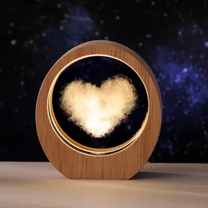 3D Engraved Crystal Night Light with Wooden Base, LED Lighted Crystal Lamp, Desktop Decoration Gift for Women, Girls & Friends