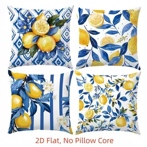4pcs, Lemon Themed Throw Pillow Covers, Lemon Fruit, Blue White Geometric Stripe Pattern, Home Summer Décor Products, Suitable Living Room, Bedroom, Sofa and Bed Decoration, 2D Flat, Single Sided Printing, No Pillow Core