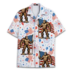Sasquatch Bigfoot 4th of July Hawaiian Shirt, USA Flag Patriotic Tropical Short Sleeve Shirt, Summer Aloha Button Down Shirt, Gift for Him or Her
