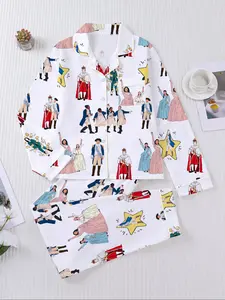Women's Hamilton Musical Printed Sleepwear Set, Long Sleeve Button-Up Top & Elastic Pants, Casual Home Wear for All Seasons