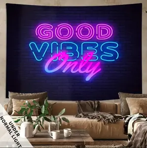 Fluorescent Colorful Good Vibes Only Tapestry - Multiple Size Variations Free Installation Accessories | Flag Tapestry for Bedroom, Dorm, Living Room, Wall | UV/Blacklight Vivid Color, Fade-Proof Decoration, Versatile Home Decor Piece