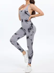 1pc Women's Tie-Dye Sleeveless Yoga Jumpsuit, Sporty Fitness for Summer, Tight-Fitting Above Ankle Length