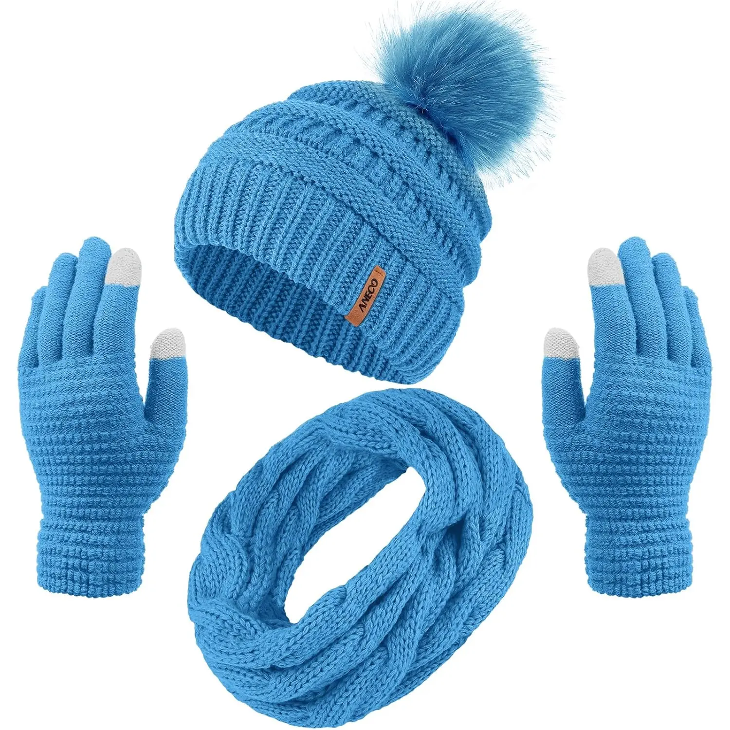Bubble Kingdom Women's Winter Warm Sets Knitted Fur Pompoms Beanie Hat Circle Loop Scarf Touch Screen Gloves