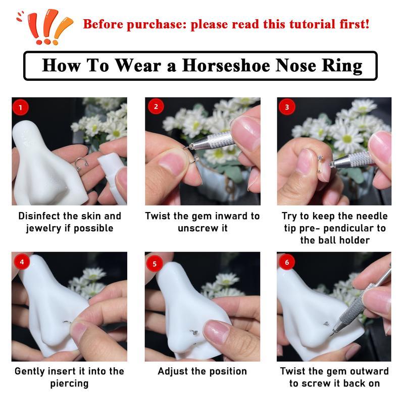 1pc Horseshoe Nose Ring Set, 316L Stainless Steel Double Cubic Synthetic Zirconia Threadless Inner Thread Nose Stud Piercing for Women and Men, Soft Cartilage Lip Spiral Piercing Bead, Ear Cartilage Earring, Nose Mid-Ring, and More, Suitable for