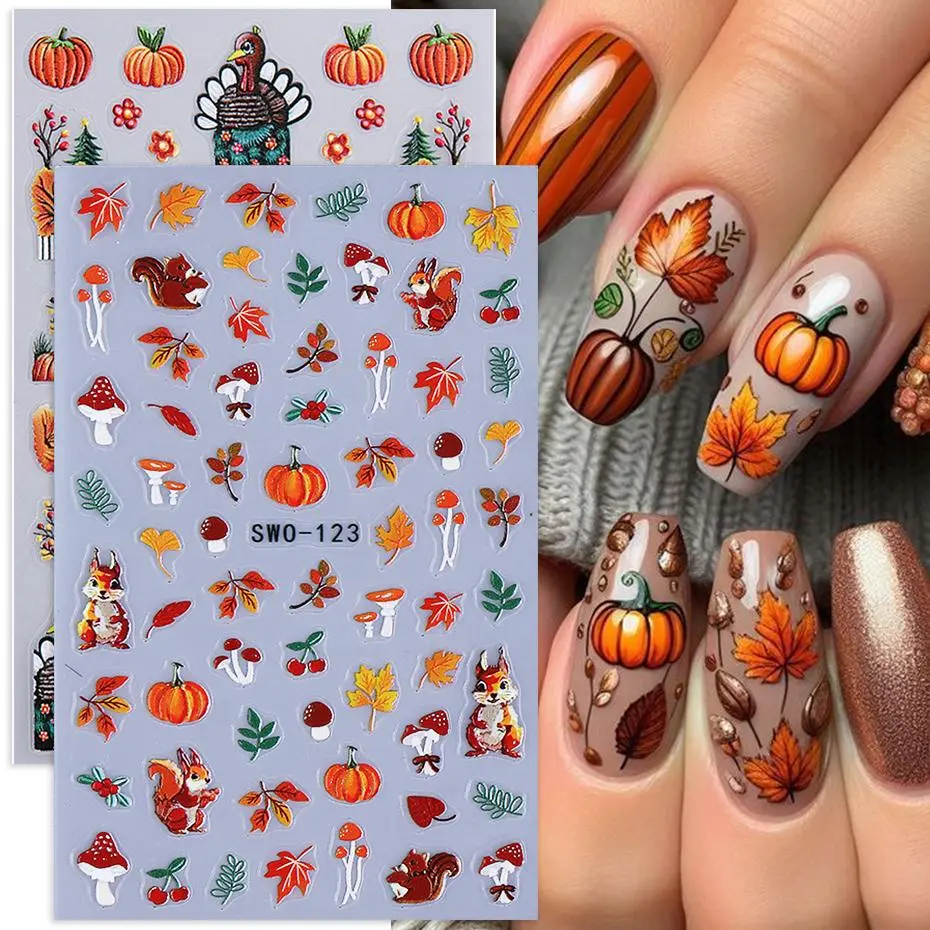 2pcs Cartoon Autumn Pumpkin Nail Stickers 3D Maple Leaf Squirrel Mushroom Adhesive Nail Decals Sliders DIY Manicure Decoration