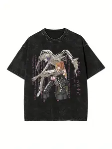 Men's black short-sleeved T-shirt, Death Note dark theme printing, washed retro pure cotton casual round neck regular T-shirt fabric, comfortable in all seasons, suitable for daily wear, suitable as a holiday gift, suitable for gifts for friends