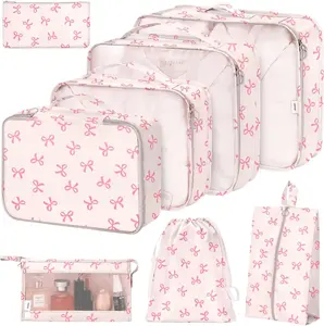 8PCS Packing Cubes Set – Travel Luggage Organizer with Shoe Bag, Cosmetic Bag & Clothing Organizers for Suitcases, Foldable Travel Set for Women & Men (Pink Bows)
