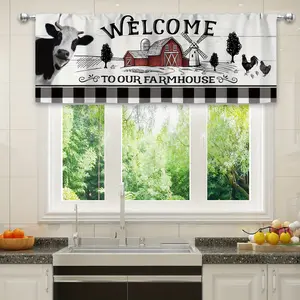 Polyester - Farmhouse Mountain Cow Kitchen Curtain Valance Set Vintage Black And White Cow Plaid Farm Barn Windmill Pole Modern Aesthetic Living Room Bedroom Dining Room Home Decor casual party decoration high ceiling room decor inganchos custom drapery