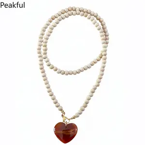 Bohemian Wood Bead Amber Heart Necklace, Popular Layerable Retro Beaded Chain, Casual Boho Style Charm Jewelry, natural wood texture & polished heart pendant, great for weekend gatherings, casual dates, summer outings and versatile fashion layering