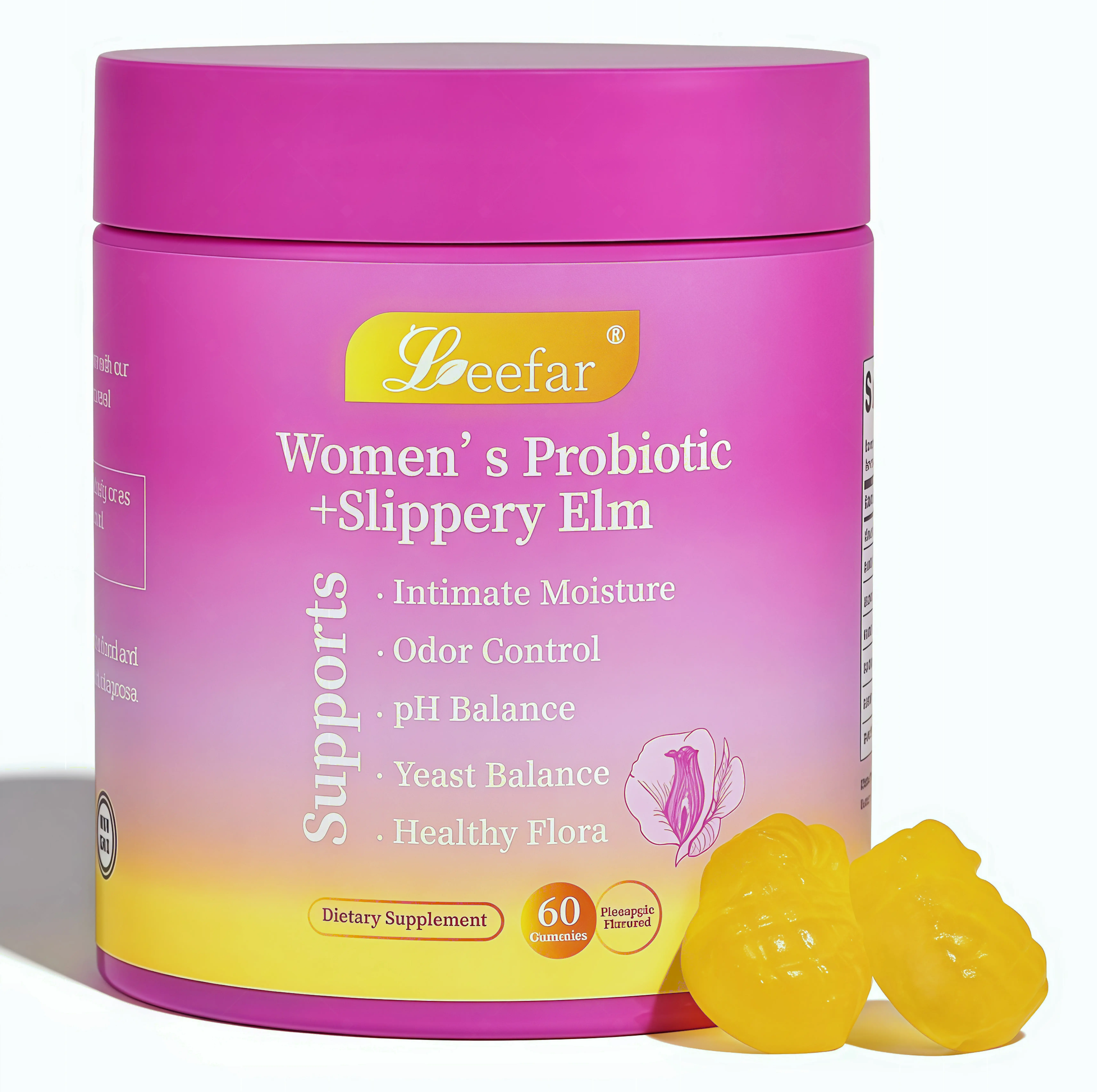 LEEFAR Her Probiotics Gummies ZZ - All in One Solution with Slippery Elm and Prebiotics & Lactobacillus Probiotic Blend for Women's pH Balance and Dryness Hawaiian Pineapple Gummies Dietary Supplement