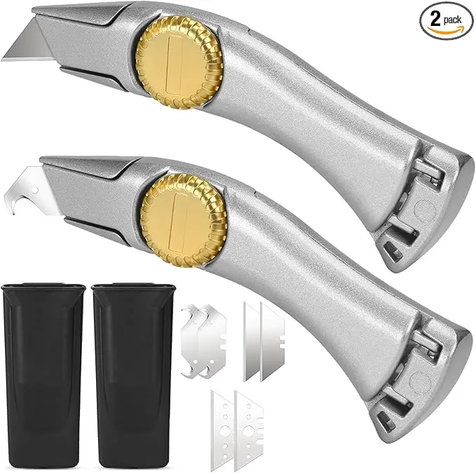 Heavy Duty Roofing Knife, 2 Pack Utility Knife with 3 functions for 6 blades Box Cutter with Holster Belt Clip Roofing Tools for Carpet, Outdoor & Indoor