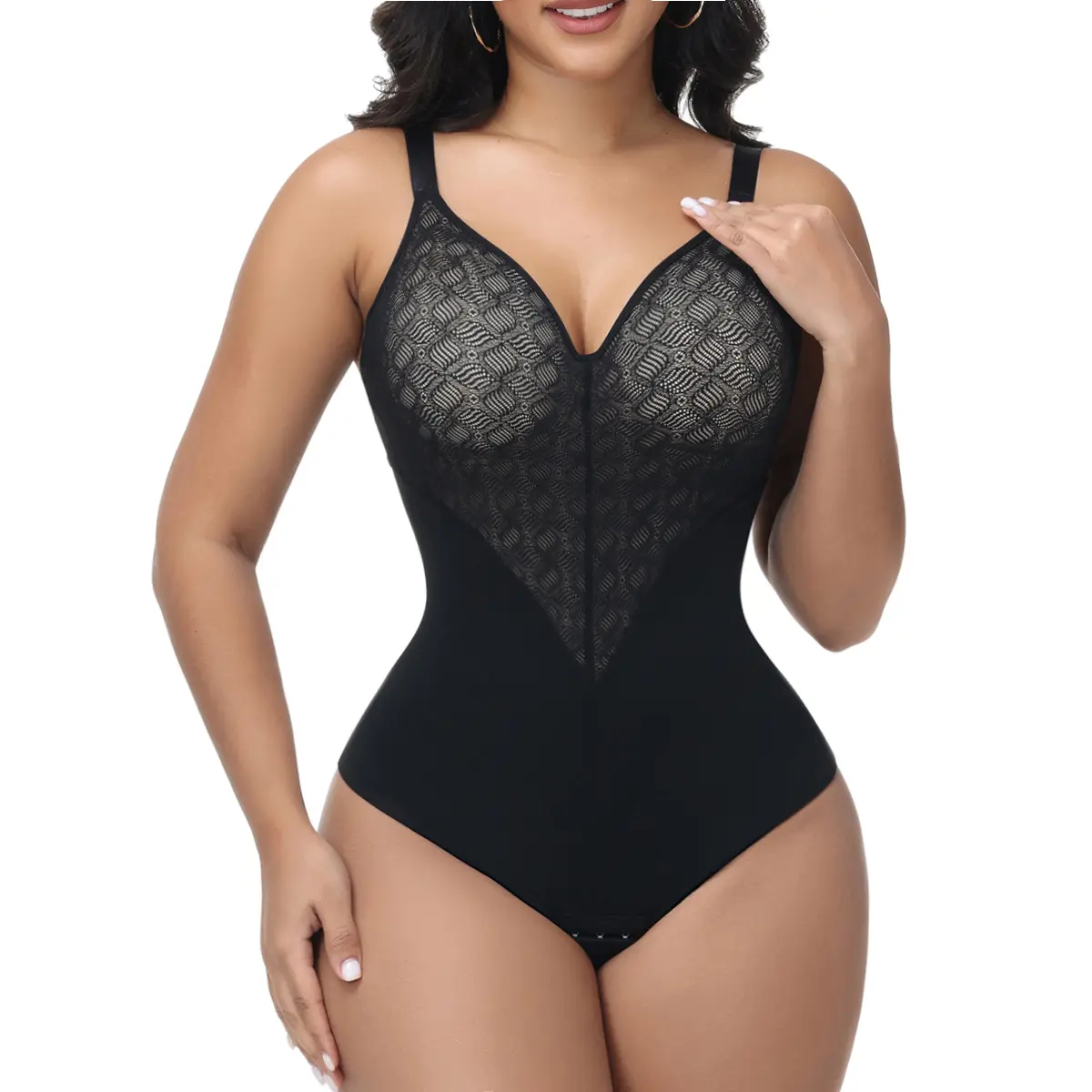 JOSHINE SHAPER Women's Sexy Adjustable Strap Body Shaping Underwear Bodysuit - Large Cup, Comfortable Mesh Trim, Thong, Black V-Neck, Tummy Control, High Compression Body Sculpting Outing Shapewear Lace Body Suit Vneck