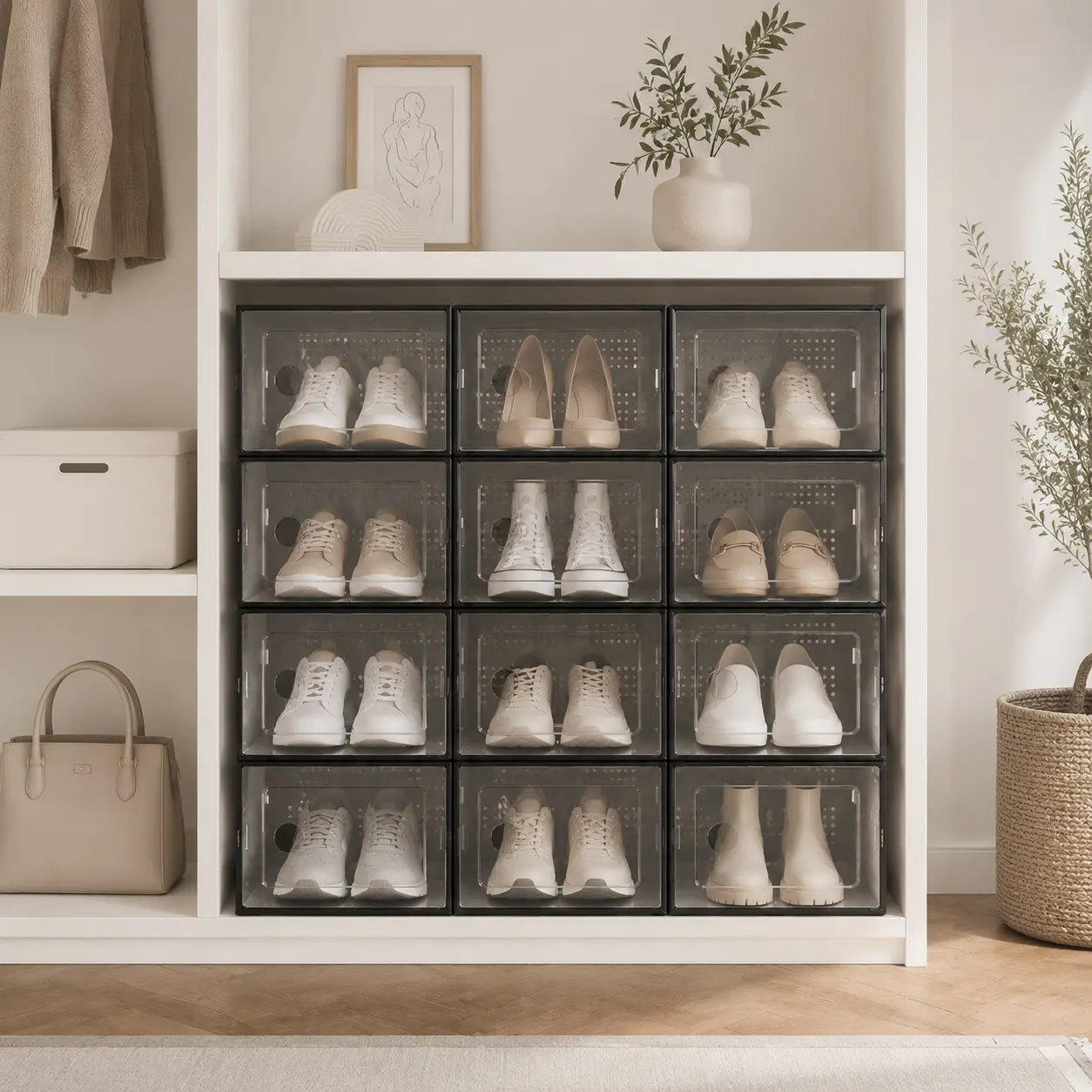 Modular Stackable Shoe Storage Boxes, Customizable Shoe Organizer with Clear Front Door, Space Saving Sneaker Storage Cabinet, Expandable Shoe Rack for Closet & Entryway