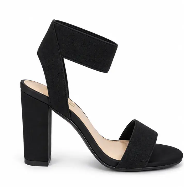 Black Heeled Sandals with Ankle Strap and Block Heel for Women