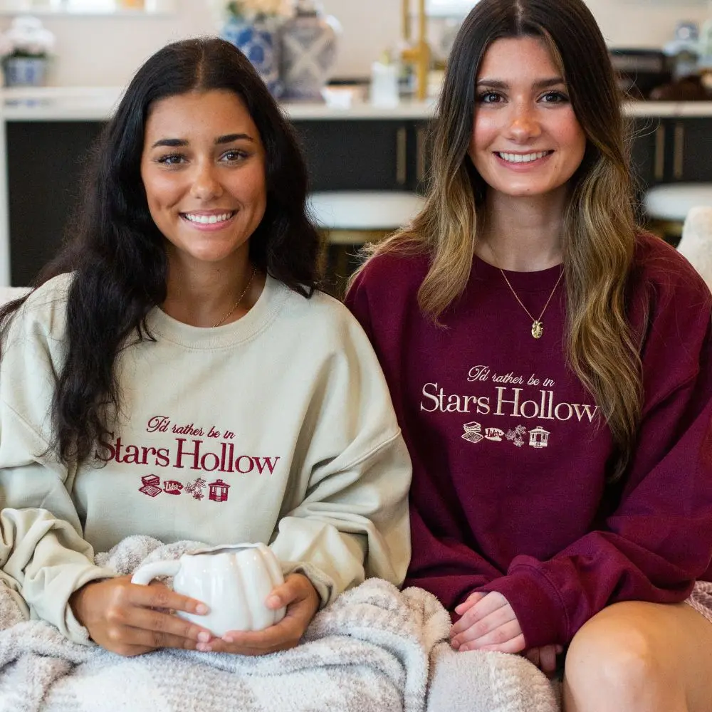 United Monograms Women's Gilmore Girls 'Stars Hollow' Embroidered Casual Long Sleeve Round Neck Crewneck Sweatshirt - Soft Fleece Fabric Pullover for Fall Mornings, Rewatches