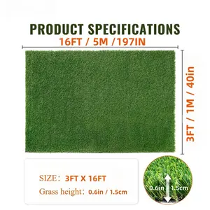 3ft x 16ft Premium Artificial Turf Mat with Drainage Holes. Thick Fake Grass with Rubber Backing, Ideal for Indoor/Outdoor Pet Areas, Garden, Lawn, Patio & Balcony Decor(Grass height 0.6 inches/1.5cm)