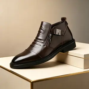 Men’s casual black ankle boots with a smooth surface, side zipper and buckle design; fashionable Chelsea boots, work boots, casual style, retro vibe, classic fashion,slippers for men shoes