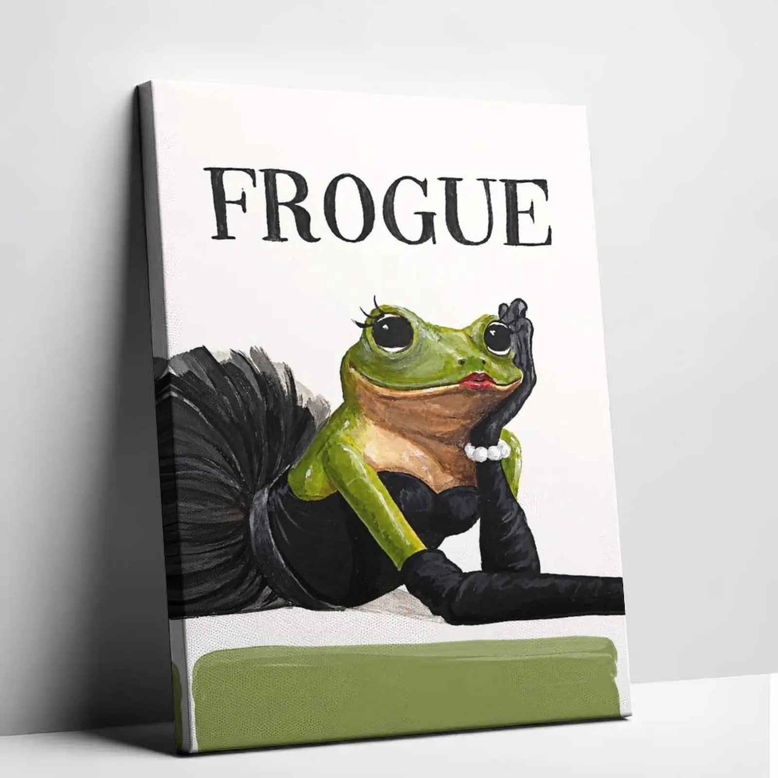 Funny Frog Lady Dress Graphic Print Canvas Wall Art - Vintage Aesthetic Oil Painting Look Frogué Poster - Funky Home Decor, Living Room Decorations, Room Decoration for Bedroom Studio