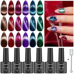 6 Color Holographic Glitter Cat Eye Nail Polish Set, Nail Art Polish, 8ML Each, Requires LED/UV Light Curing, Removable Gel, Includes Magnetic Brush