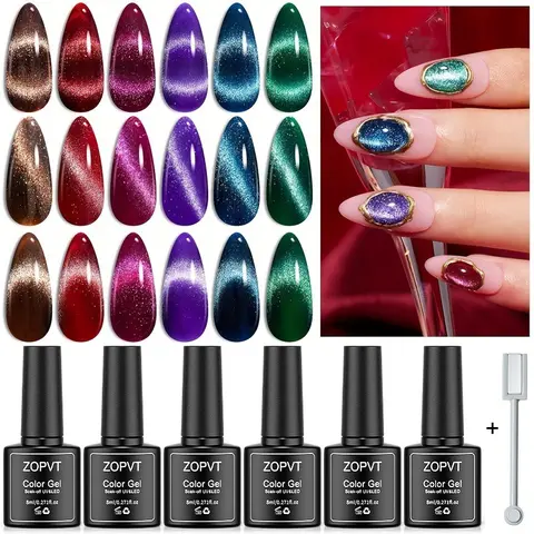 6 Color Holographic Glitter Cat Eye Nail Polish Set, Nail Art Polish, 8ML Each, Requires LED/UV Light Curing, Removable Gel, Includes Magnetic Brush