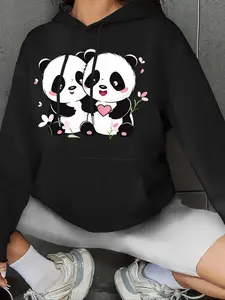 Women's Cartoon Panda Print Drawstring Pocket Hoodie, Casual Drop Shoulder Long Sleeve Hooded Hoodie, Ladies Fall & Winter Clothes for Daily Wear