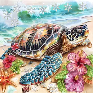 Sea Turtle Beach Flower Pattern Adult 5D-DIY beginner diamond painting kit for creativity - 1 irregularly shaped crystal diamond painting kit, perfect holiday gift, suitable for decorating walls in