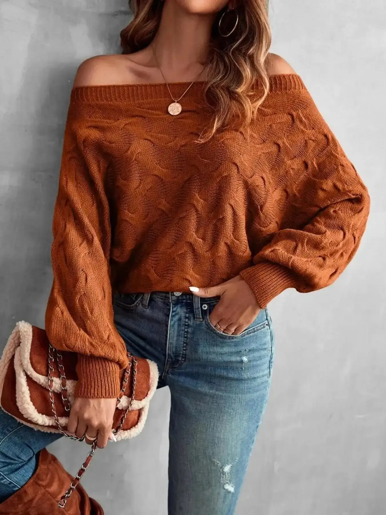 Women's Off Shoulder Boat Neck Batwing Sleeve Sweater, Autumn/Winter Casual Elegant Cable Knit Solid Color Loose Fit Long Jumper Top, Fashion Chic Soft Cute Stylish Knitted Women Fall Outfit, Winter for versatile