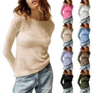 LAICIGO Womens See Through Shirt Boat Neck Long Sleeve Knit Casual Blouse Tops