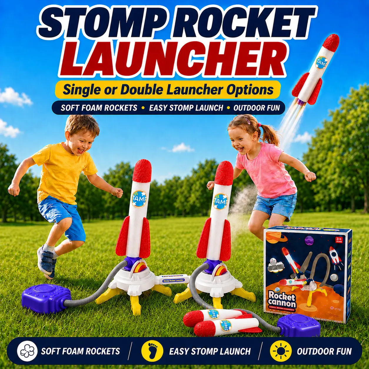 Stomp Rocket Launcher Set for Kids with Light-Up Foam Rockets toys, Single or Double Launcher Options toys, Two-Player Races & Backyard Fun, Includes 3 or 6 Rockets, Age 3+, Foam Tip