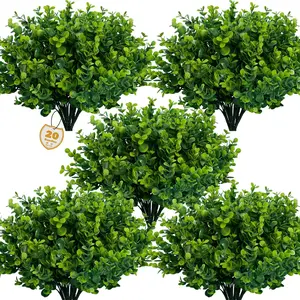 Artificial Greenery Plants Outdoor UV Resistant Fake Boxwood Shrubs Grass, 20 Bundles for Farmhouse Home Garden Office Patio Backyard Wedding and Indoor Outdoor Decoration