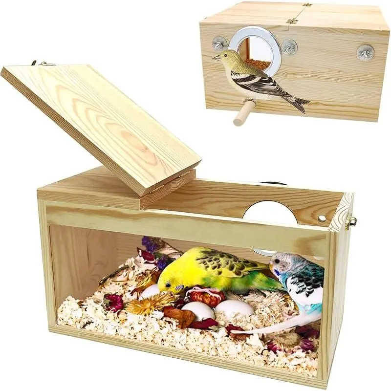Natural Wood Parakeet Nesting Box with Acrylic Panoramic View for Budgies Cockatiels Lovebirds and Small Birds