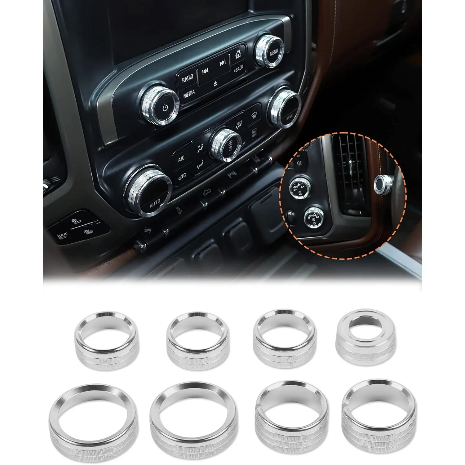 Silver Center Console Button Trim & Air Conditioner Control Knob Set, Aluminum Alloy Scratch-Proof Metallic Look Cover Fits 2014-2018 Chevy Silverado & GMC Sierra