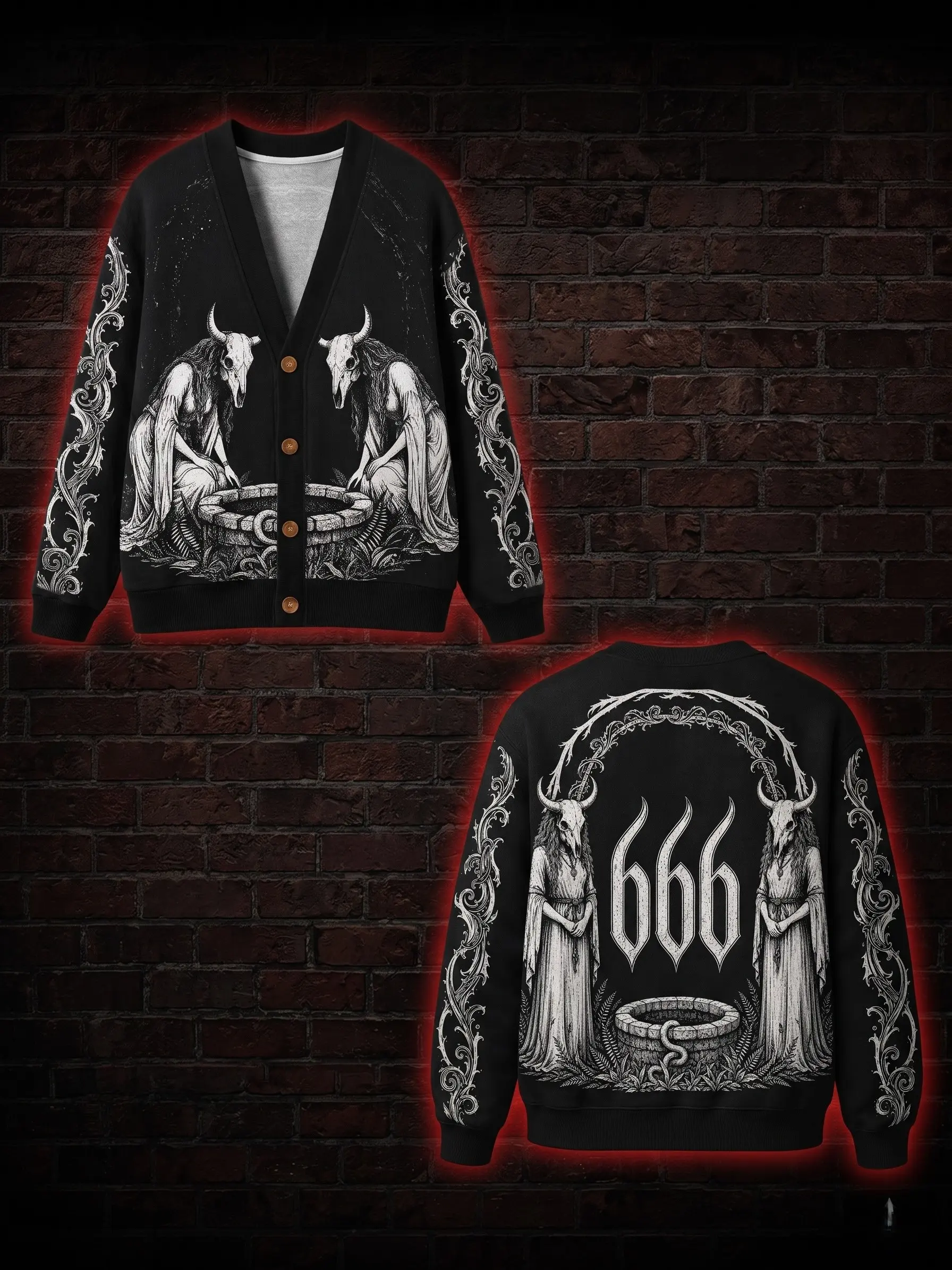 Gothic Occult Ritual Cardigan Sweater, Dark Goat Skull 666 Button Up Sweater, Horror Graphic Knit Halloween Alternative Streetwear