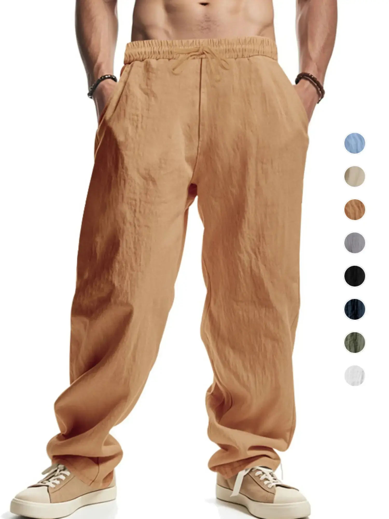 Men's Wide-leg Breathable, Casual Trousers for Spring and Autumn, Flattering Leg Shape without Looking Bulky, Single Piece, Linen Solid Color Rope Double-pocket Trousers, Versatile, Suitable for Daily Commuting, Easy To Match Pants