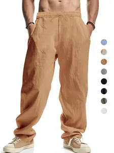 Men's Wide-leg Breathable, Casual Trousers for Spring and Autumn, Flattering Leg Shape without Looking Bulky, Single Piece, Linen Solid Color Rope Double-pocket Trousers, Versatile, Suitable for Daily Commuting, Easy To Match Pants