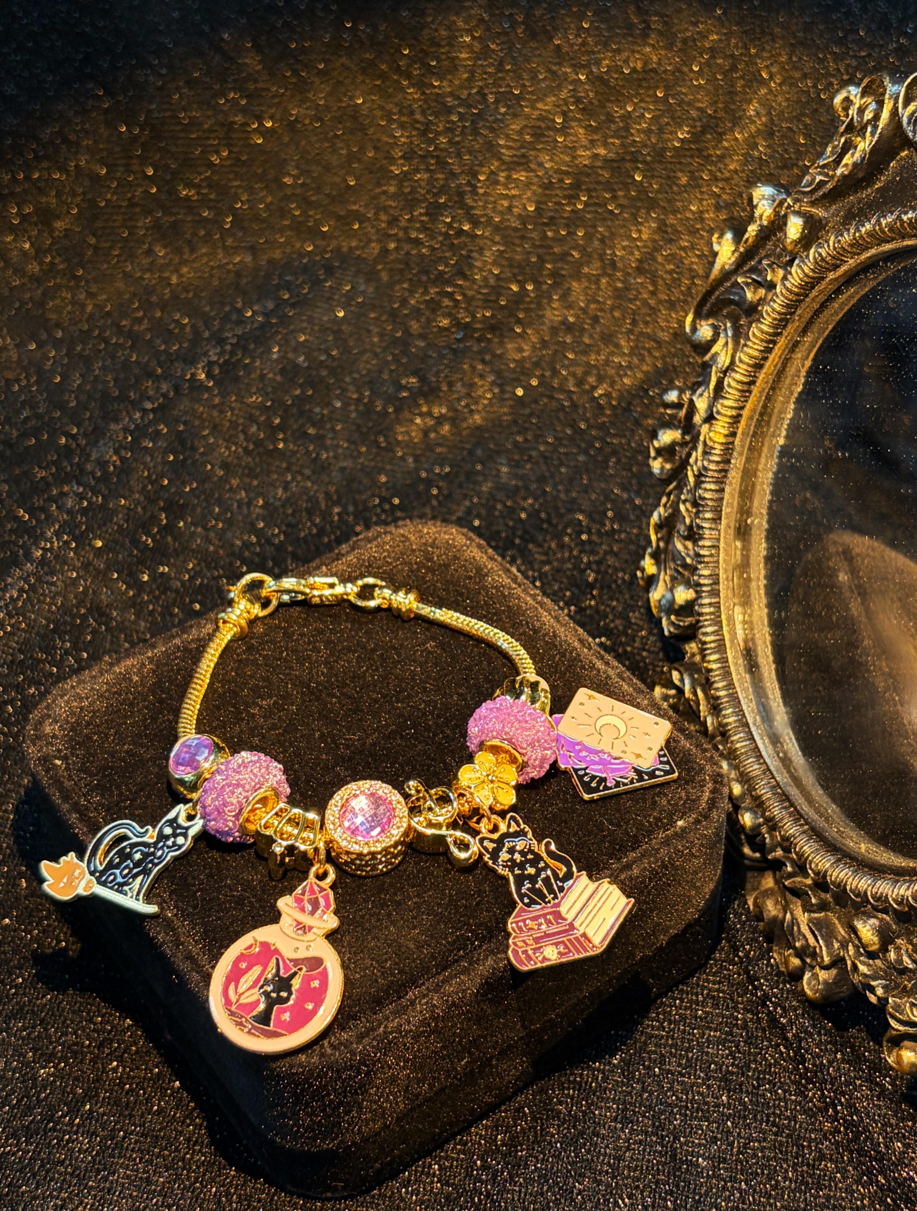 Women's Gold-Tone Snake Chain Charm Bracelet - Mystical Witch Theme with Black Cat, Tarot Card, Magic Potion Enamel Charms, Stackable Adjustable Jewelry for Halloween, Daily Wear, Gifting
