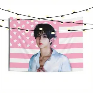 Enha Jungwon Kpop Tapestry Banner American Flag Design With Stars & Stripes Polyester Fabric  Peach Light Beige Velvet Texture Perfect For Kpop Fans Birthday Gifts & Concert Merch  Kpop Merchandise |   Patriotic Design | Durable Tapestry room