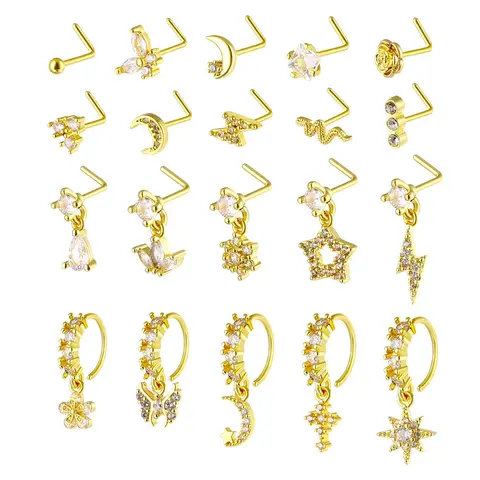 8/10/20 Pieces 20g Dangle Nose Ring, Nose Rings L Shaped, L-Shaped Hanging Stud, Stainless Steel, Cz Flower Pendant, Women's Nose Jewelry, All Seasons
