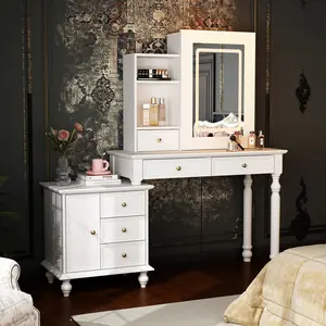 FUFU&GAGA Bedroom Classic Vanity Desk with Lighted Sliding Mirror & Hidden Shelves, Makeup Desk with Cabinet & 6 Drawers, Gold Knobs (no chair) Table Furniture