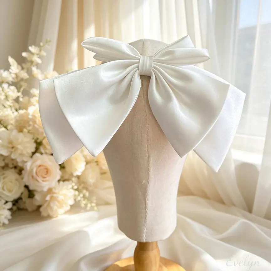 White Satin Big Bow Hair Barrette, Elegant Silky Large Bow Hair Clip, Smooth Fabric Wedding Bridal Hair Accessory For Bridesmaid Prom Evening Party Daily Romantic Hairstyle Gift