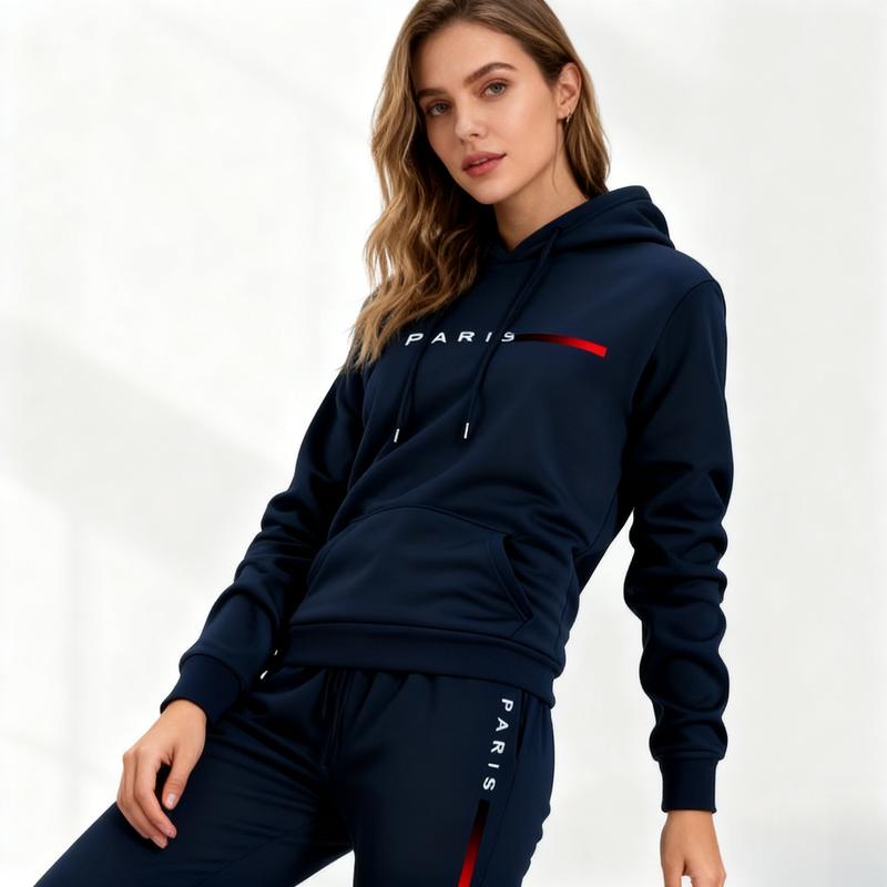 Men's Paris Letter Printed Hoodie & Drawstring Sweatpants Set Casual Athletic 100% Polyester Loose-Fitting Tracksuit for Fall Winter Spring Autumn