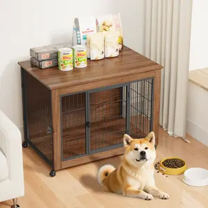 Wheeled small dog cage furniture, 2-door heavy-duty indoor dog house, wooden pet cage end platform, two door sturdy metal dog cage for anxious dogs