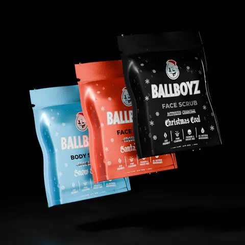 Ballboyz Limited Edition 3-Pack Holiday Scrubs - Charcoal (Christmas Coal Face), Santa’s Beach (Face), Snow Storm (Body) - Coconut, Clay, Shea, Gentle Natural Ingredients - Smooth Fresh Skin - Athlete-Focused Skincare Gift