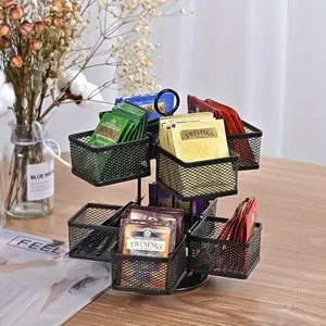 360 degree rotating tea bag storage carousel with 8 compartments to display tea bags, perfect for kitchen, home office or coffee bar - black